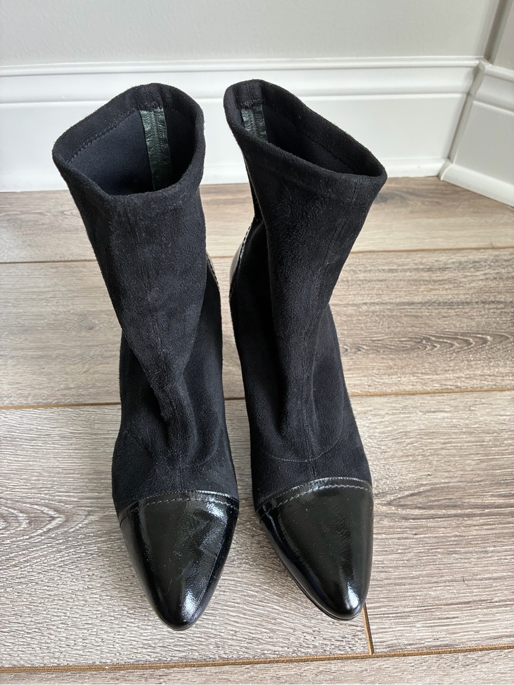 Donald J Pliner Couture Vintage Patent and Fabric Sock Ankle Boots Size 8 1/2